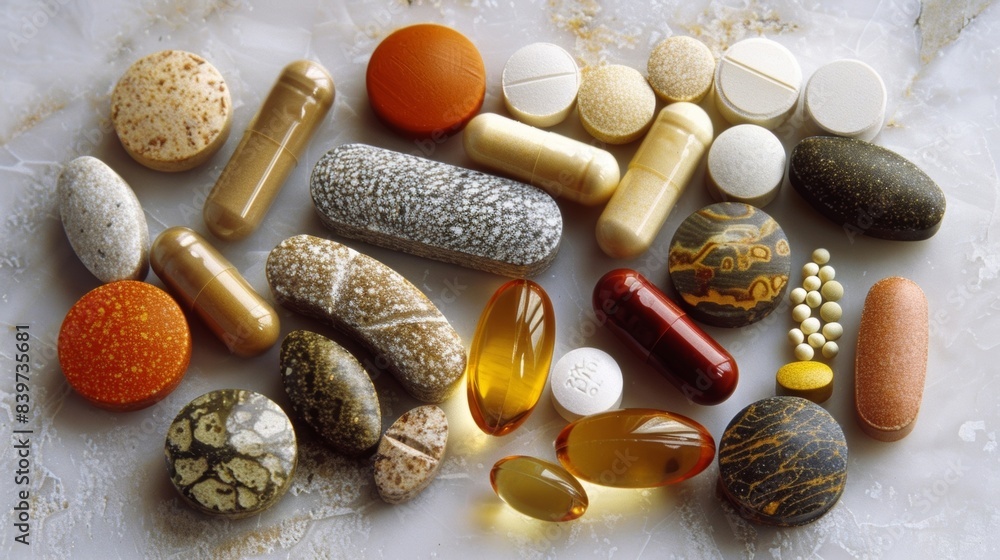 Poster an image of various supplements and vitamins representing the integration of complementary therapies