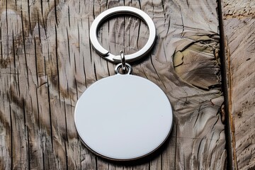 Mockup featuring a blank white round sublimation key chain on a wood background