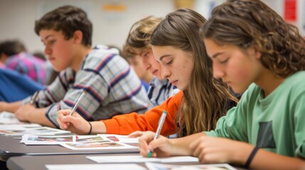 A group of students using flashcards with pictures and corresponding sounds to study for an exam