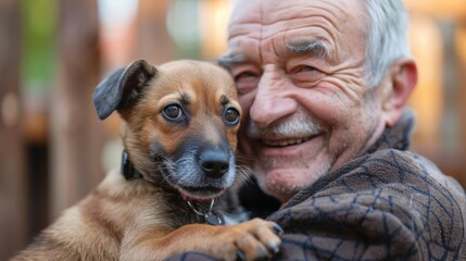 Obraz premium An older man grinning while holding his new puppy in his lap