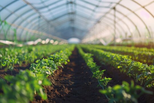Modern greenhouse technology in agriculture producing organic vegetables emphasizing eco friendly practices