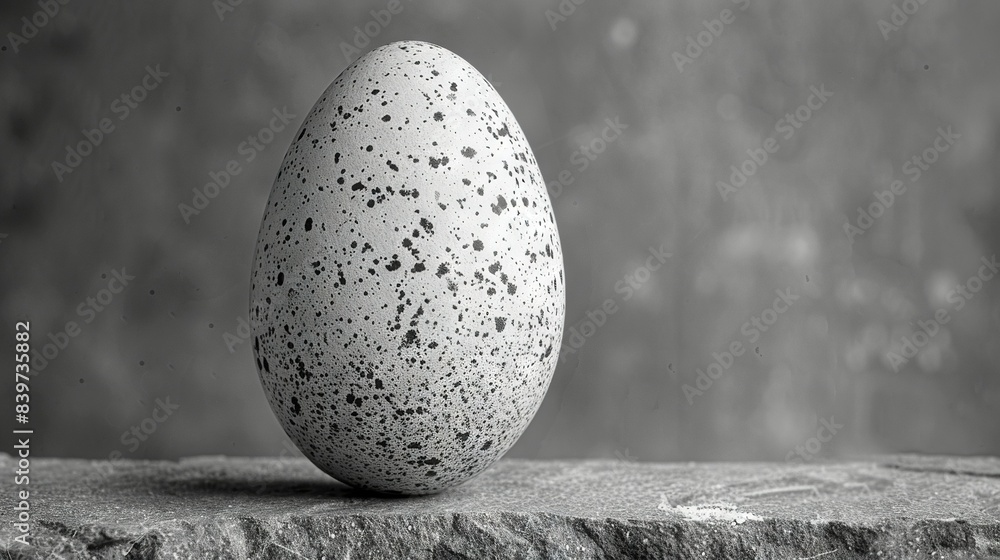 Poster speckled egg on stone slab in front of gray backdrop