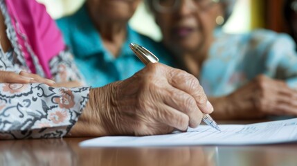 A senior woman filling out a living will form with the guidance of a caregiver while her family looks on