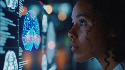 A researcher reviewing data on a computer screen searching for patterns and insights into brain health