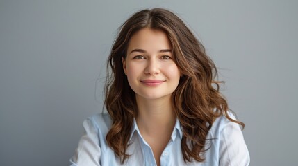 Obraz premium Smiling brunette businesswoman sitting against gray background. Confident female professional is wearing blue shirt. She is having brown hair. Copy space.