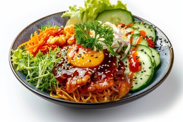 Nutritious breakfast bowl with eggs, vegetables, and herbs, offering a colorful and flavorful meal