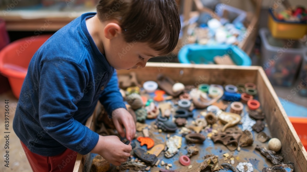 Poster a child engaging in a sensory scavenger hunt searching for items of different colors shapes and text
