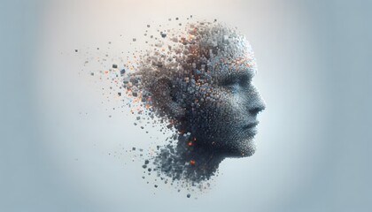 A futuristic robot head composed of scattered particles, blending blue and orange hues, symbolizing advanced technology and artificial intelligence.