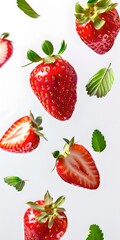 Fresh strawberries and leaves in mid-air. Vibrant red fruit. Juicy and sweet. Summer freshness. Perfect for food themes and advertisements. High-resolution image. AI
