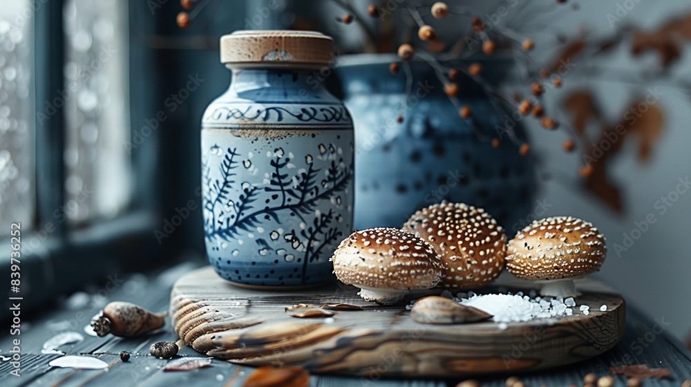 Poster a pair of blue vases rest atop a table beside assorted items including nuts