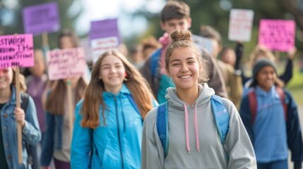 Fototapeta premium A group of enthusiastic high school students leading the community walk holding signs with inspiring slogans for Alzheimers awareness