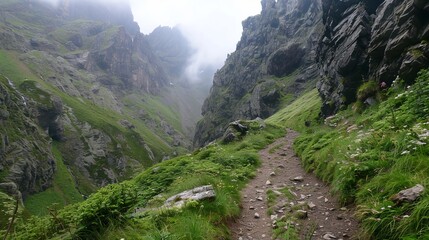 Naklejka premium Photo of a mountainous trail challenging but breathtaking, generated with AI