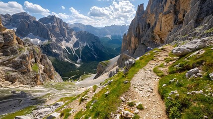 Fototapeta premium Photo of a mountainous trail challenging but breathtaking, generated with AI