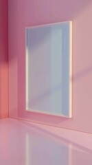 A large white blank poster frame is hanging on the wall of an empty room.