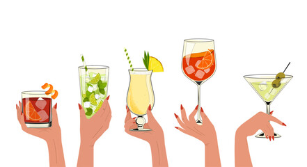 Female hand holding a glasses of cocktails. Pina colada, old fashioned, mojito, aperol, martini