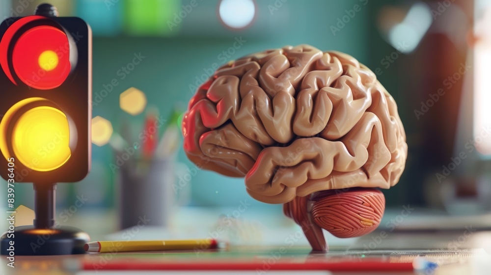 Aufkleber illustration of a brain with a traffic light next to it reminding people to take breaks and rest the