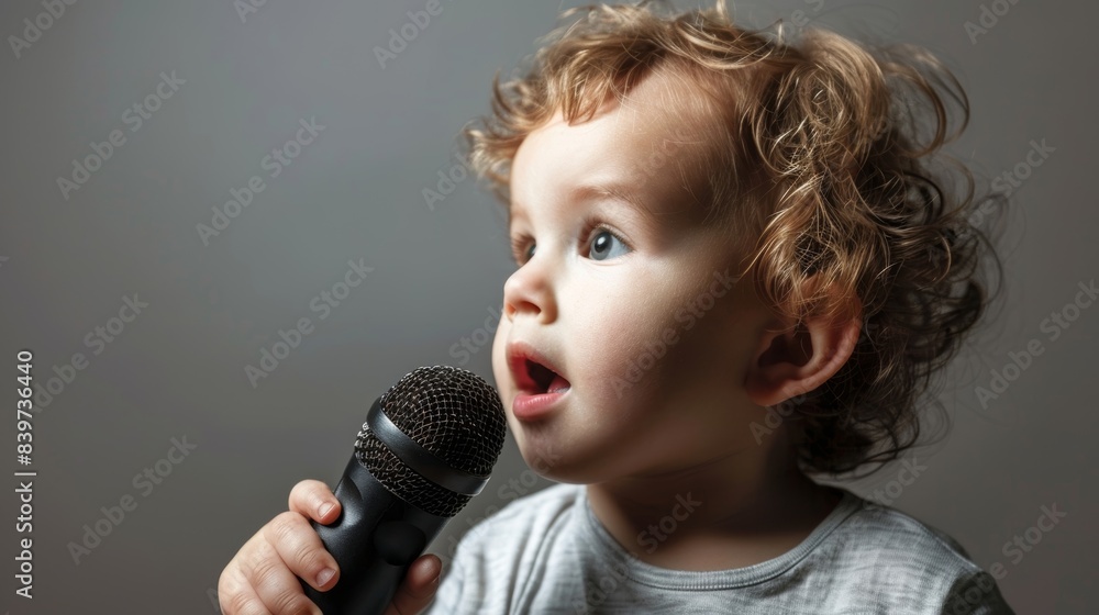 Poster a child with a speech impediment practicing speaking into a microphone with their the