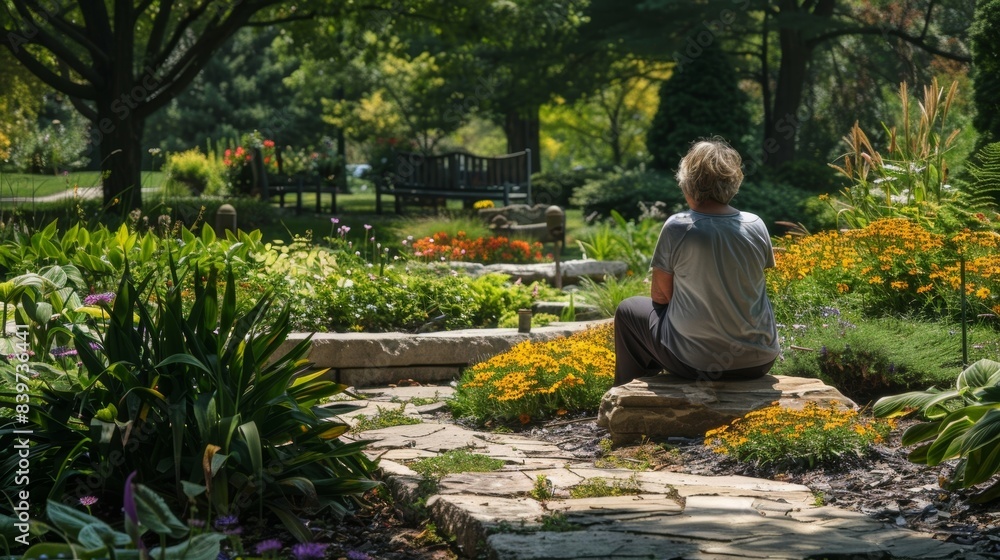 Poster an individual with ptsd finding peace and comfort in the serene setting of the memory garde