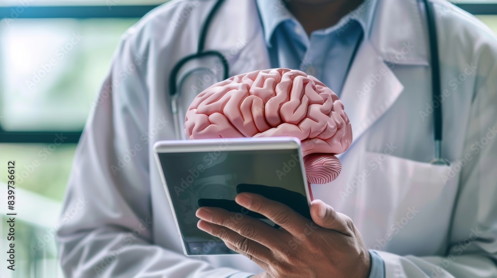 Poster a doctor discussing the importance of brain health and recommending the use of brain exercise apps a
