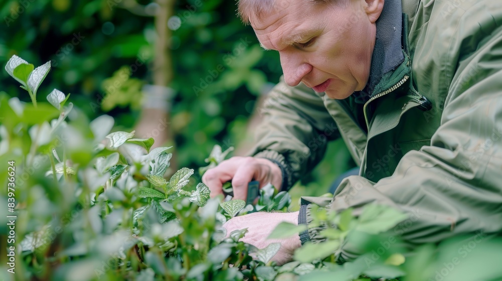 Poster a visually impaired man using his sense of touch to identify different types of leaves and plants in