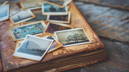 A photo album filled with polaroid pictures of family vacations childhood friends and special occasions