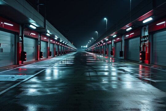 Night time garages at the race track - Powered by Adobe