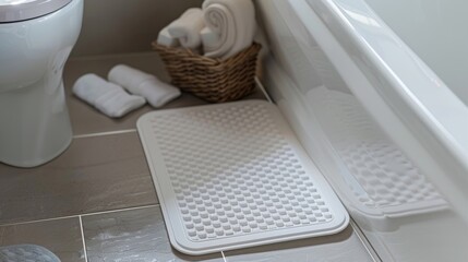 A bathroom with a nonslip mat and raised seat recommended by a home safety assessment for a person with dementia who may have difficulty with balance and mobility