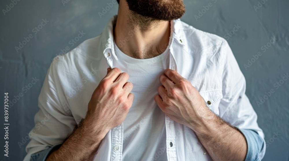 Poster a man with dexterity challenges wearing a shirt with large buttons enabling him to dress himself wit