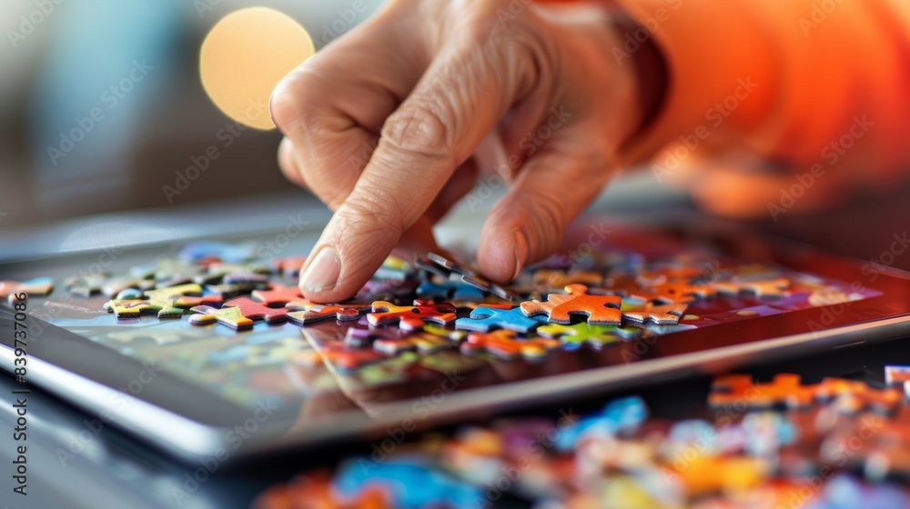 Poster a person using their tablet to complete a jigsaw puzzle game for brain stimulation