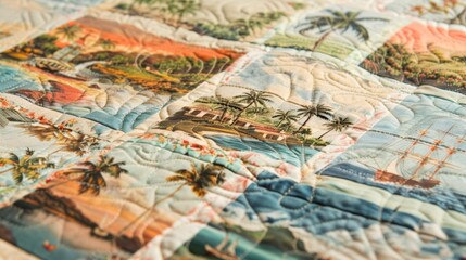 Fototapeta premium A quilt decorated with vintage postcards showcasing memories of past travels and adventures