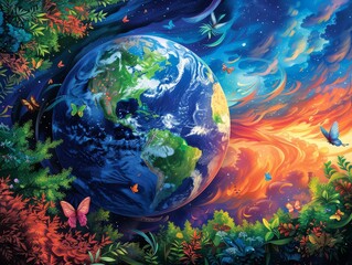 Stunning depiction of Earth with vibrant, contrasting imagery of lush forests and abstract flames merging in dreamlike fantasy art piece
