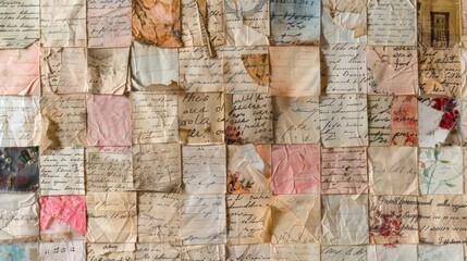 A quilt made from pieces of old love letters or notes symbolizing cherished memories of relationships and love