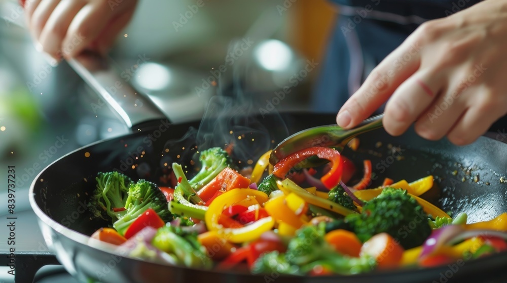 Poster a person adding colorful vegetables to a stirfry illustrating the importance of a diverse range of n