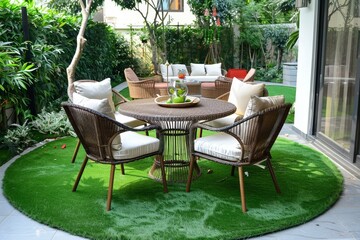 Fototapeta premium Outdoor dining area with fabric covered cushions and furniture set on artificial grass with circle decor