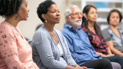 A group of diverse individuals participating in a memory training exercise as part of their cognitive rehabilitation therapy