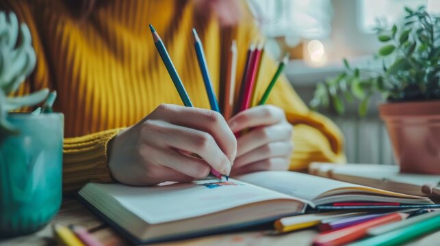 A person using a journal and colored pencils to participate in personalized art therapy during a session