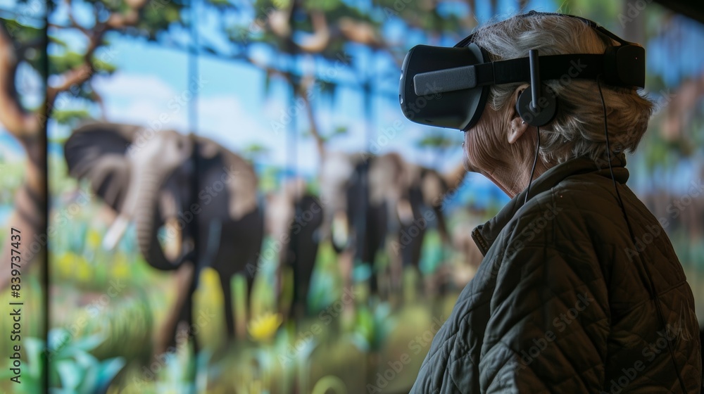 Poster a side view of an elderly person using a virtual reality headset while standing in front of a digita