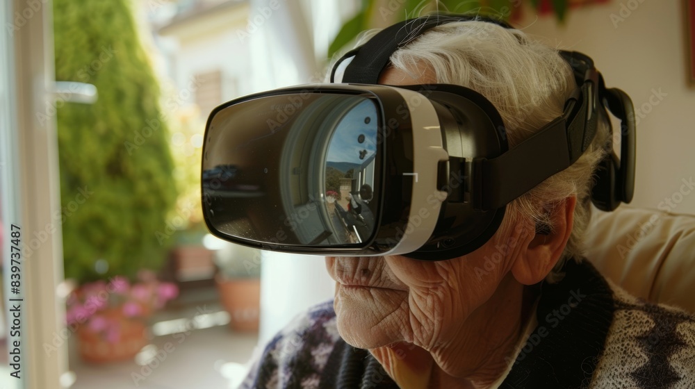 Aufkleber an image of an elderly person wearing a virtual reality headset using it as a tool for cognitive tra