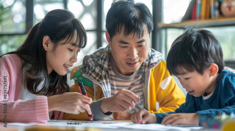 Poster a family having a friendly competition playing a game of pictionary utilizing their creativity and c