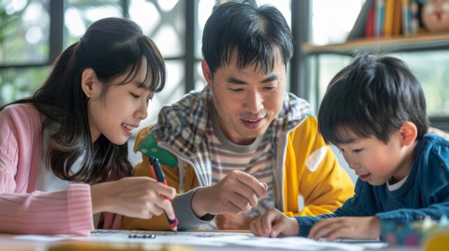 A family having a friendly competition playing a game of Pictionary utilizing their creativity and communication skills