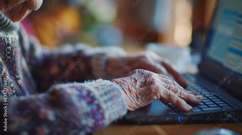 Poster an elderly person using a computer with screen enlargement software to read an article
