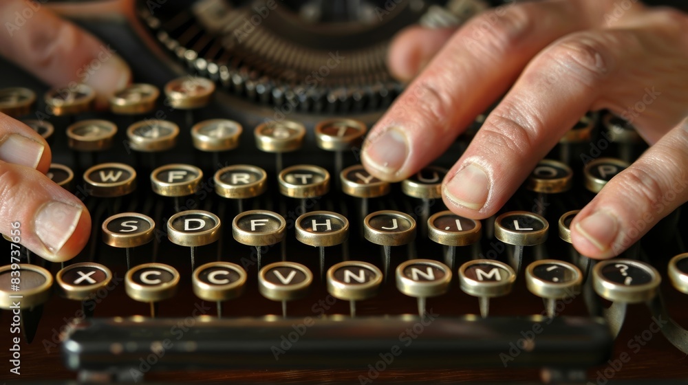 Poster a person using a typewriter with enlarged letter keys to write a letter or story