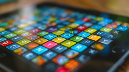 A closeup shot of a tablet screen showing a word scramble game designed to improve memory skills