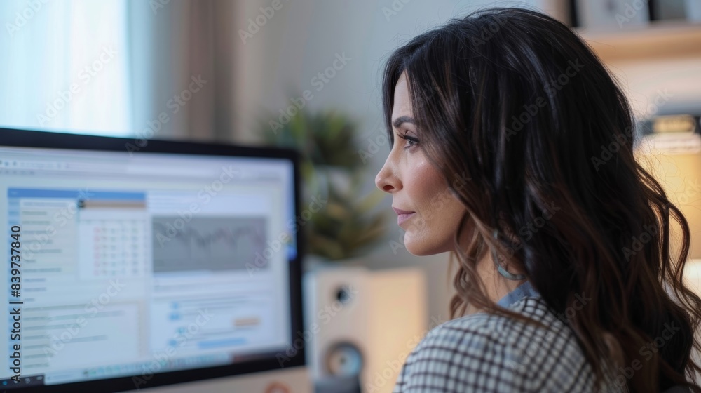 Poster a woman using a computer to enroll in an online course on digital tools for managing stress and prom