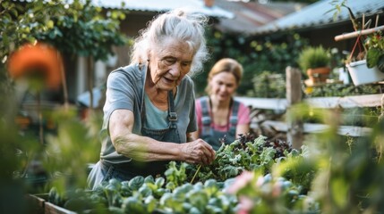 A volunteer helping an elderly woman with gardening in her backyard