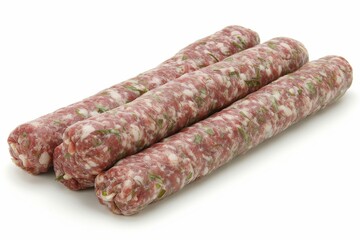 Fresh sausages on white background, savory gourmet meat, high protein snack, traditional culinary delight, artisanal treat, juicy and flavorful delicacy