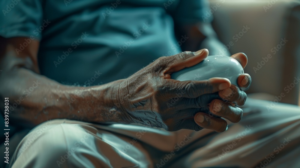 Poster a man using a handheld massager to stimulate his hands and fingers which can help with circulation a
