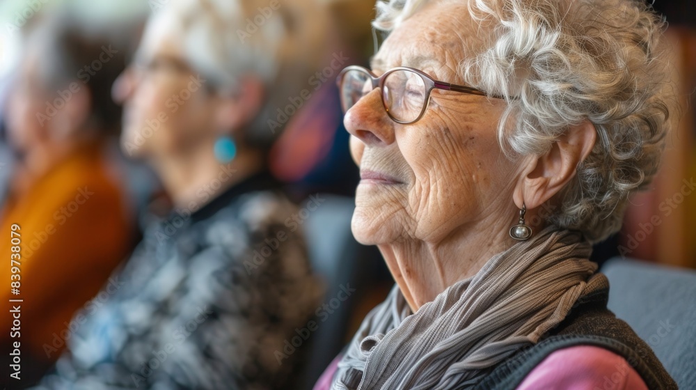 Poster a peaceful and calming atmosphere with soft music playing as seniors participate in gentle exercises