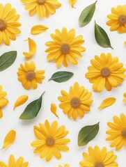 Fototapeta premium Yellow Daisy petals and green leaves floating top view white background, generated with AI