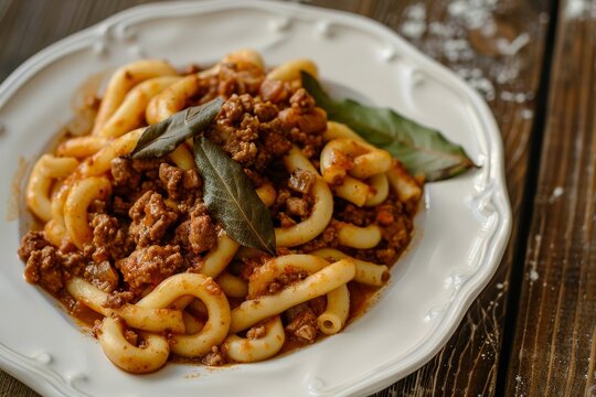 Plate of pici pasta with wild boar sauce and bay leaves